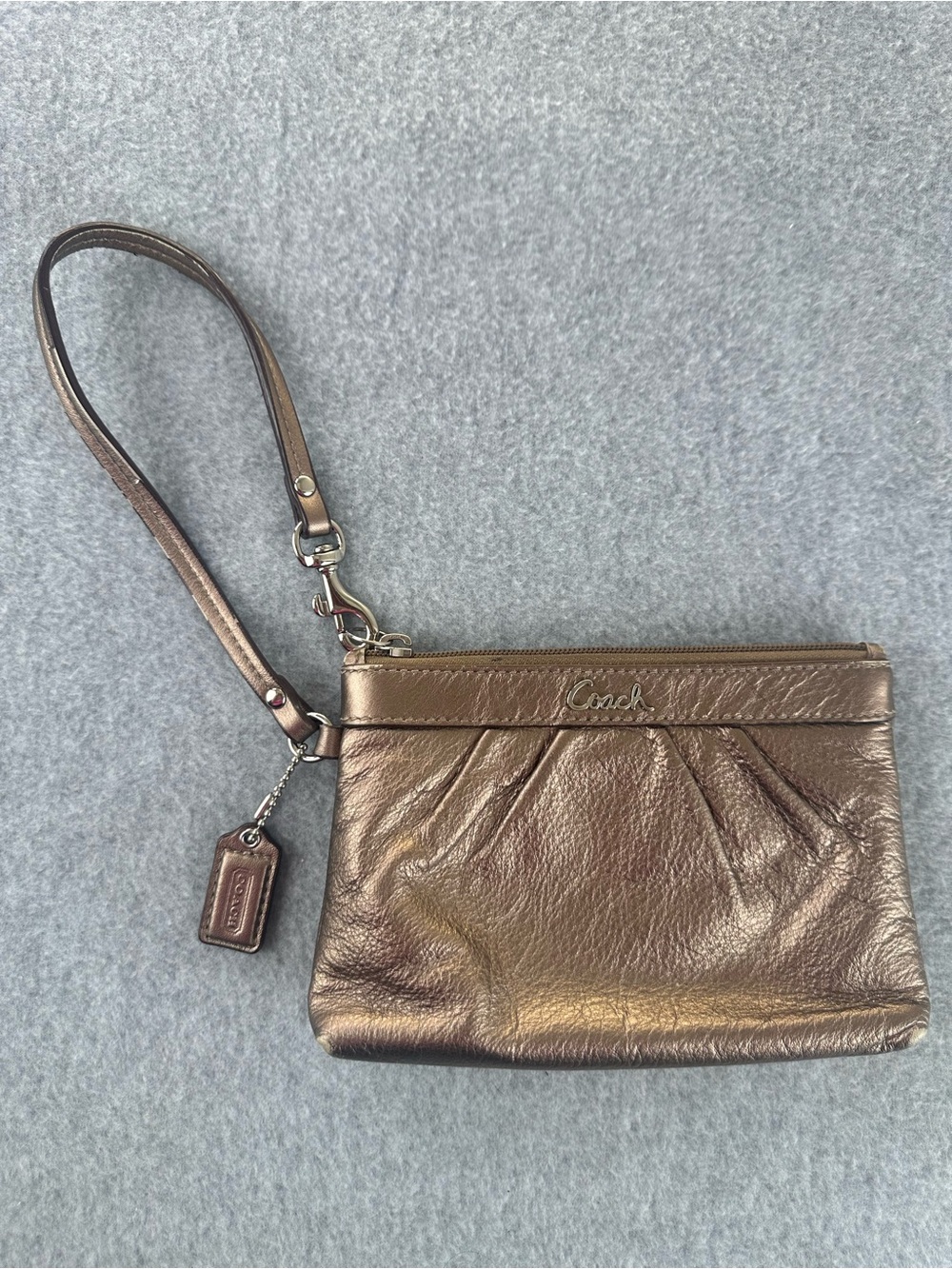 Coach Metallic Bronze Pleated Zip Wristlet